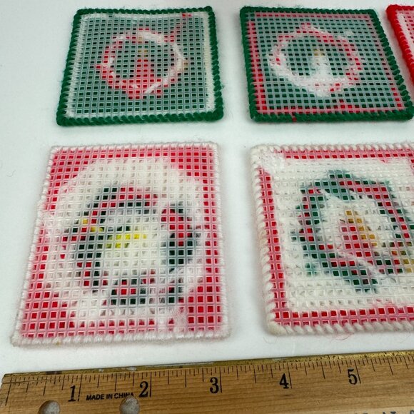 7 Vintage Christmas Holiday Plastic Canvas Coasters w Holder Yarn Candle Design - Picture 9 of 11
